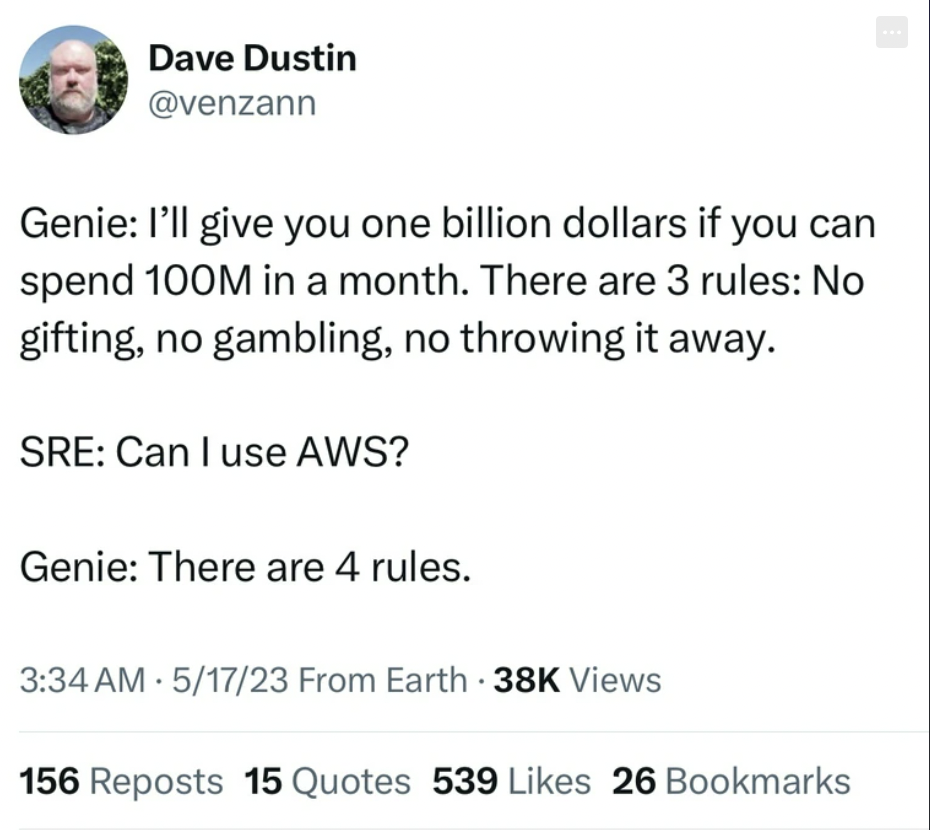 screenshot - Dave Dustin Genie I'll give you one billion dollars if you can spend 100M in a month. There are 3 rules No gifting, no gambling, no throwing it away. Sre Can I use Aws? Genie There are 4 rules. 51723 From Earth 38K Views 156 Reposts 15 Quotes